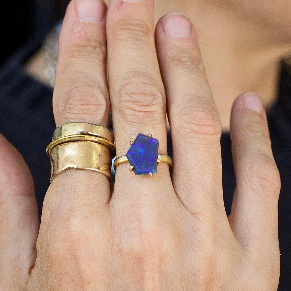 Australian Exceptional Dark Opal Medium Stone Ring on our 2MM Gold Skinny Seamed Band
