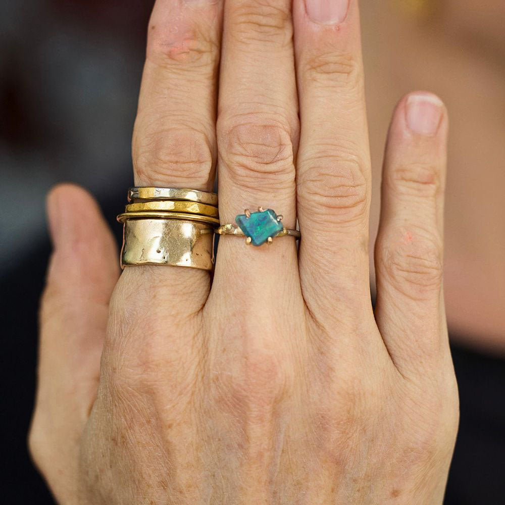 Australian Exceptional Opal Medium Stone Ring on a Palladium and Gold Embedded Band)