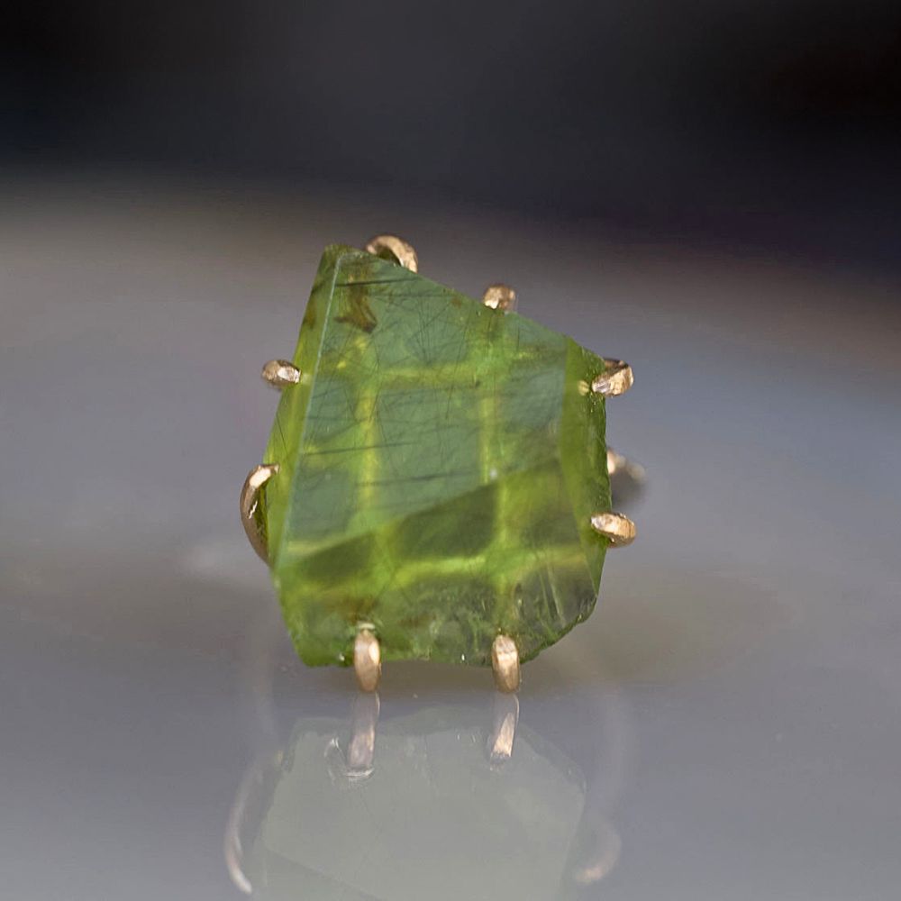 Peridot Large Stone Ring on a Palladium and Gold Band