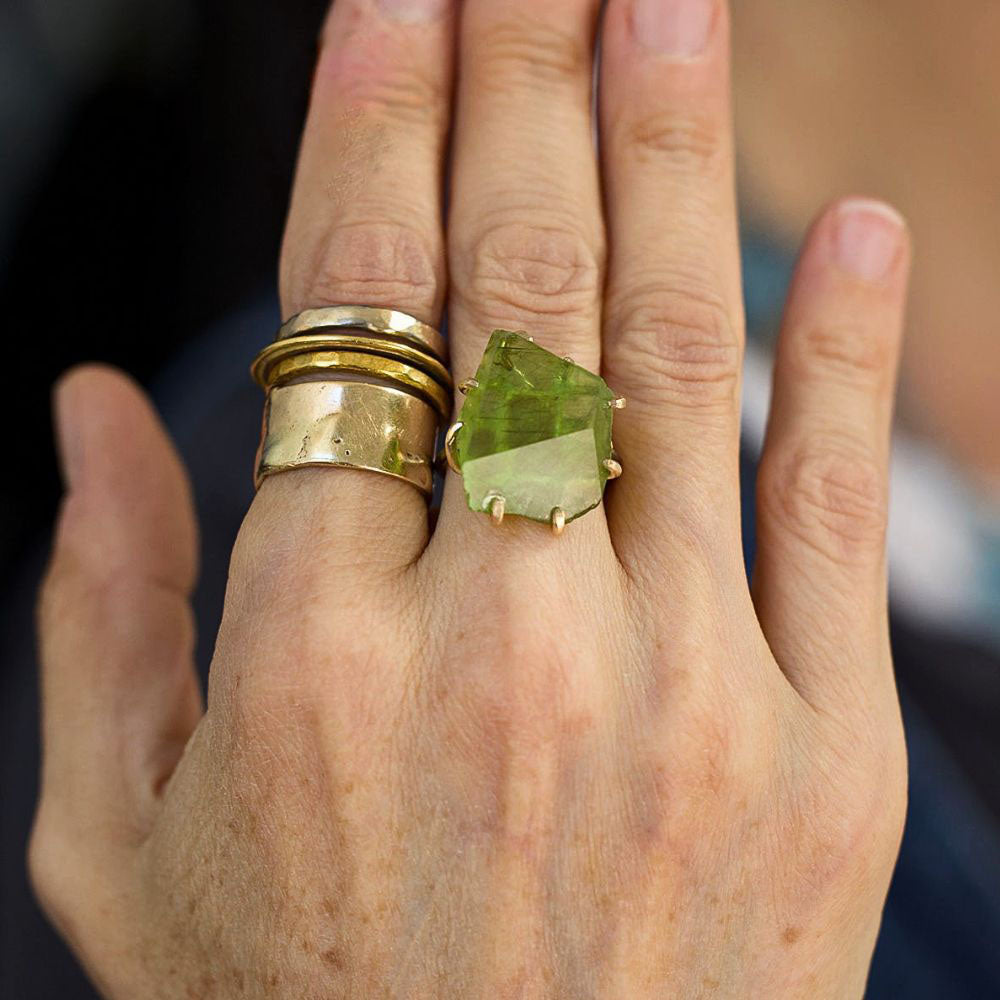 Peridot Large Stone Ring on a Palladium and Gold Band