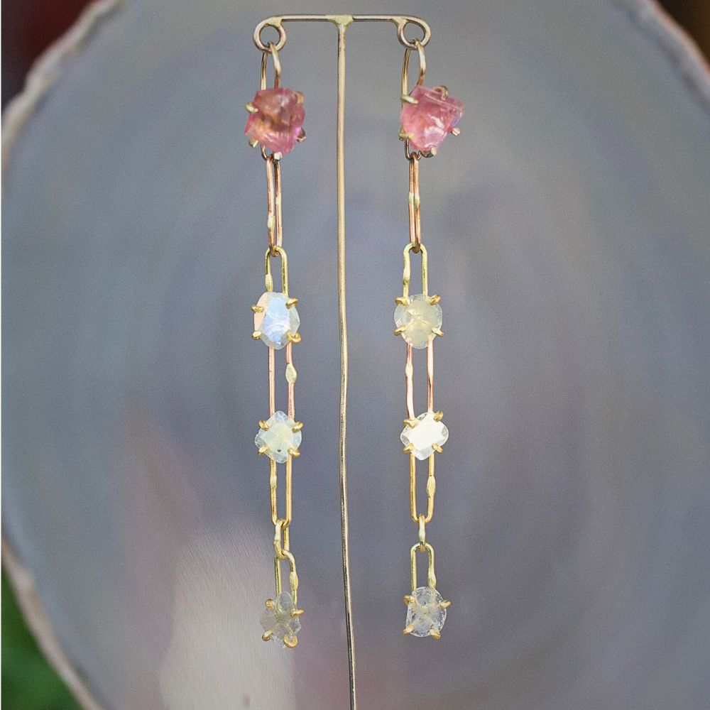 Pink Tourmaline and Polki Diamond Slice Day to Night Earring Set