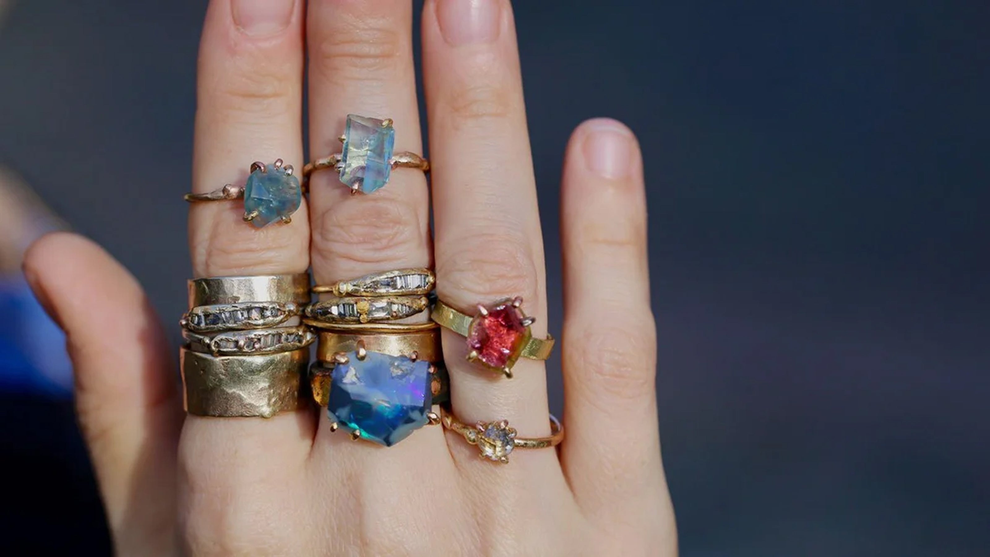 unique rough cut gemstone handmade rings and stacked diamond rings and cigar bands
