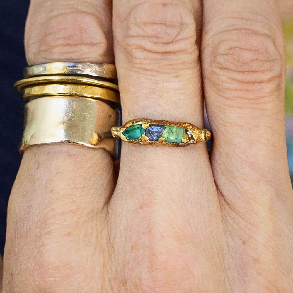 Sapphire, Emerald and Rose Cut Diamond Band