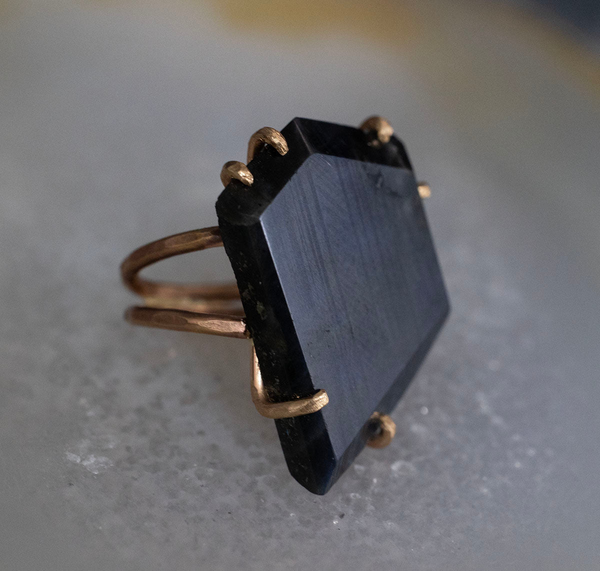 Spectrolite Large Stone Ring on a Double Rose Gold Band