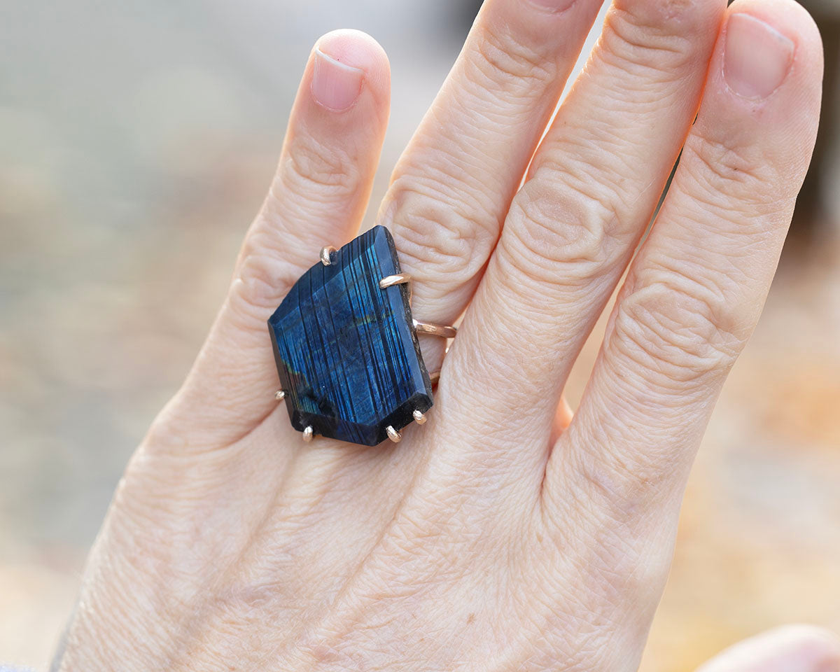 Spectrolite Large Stone Ring on a Double Rose Gold Band