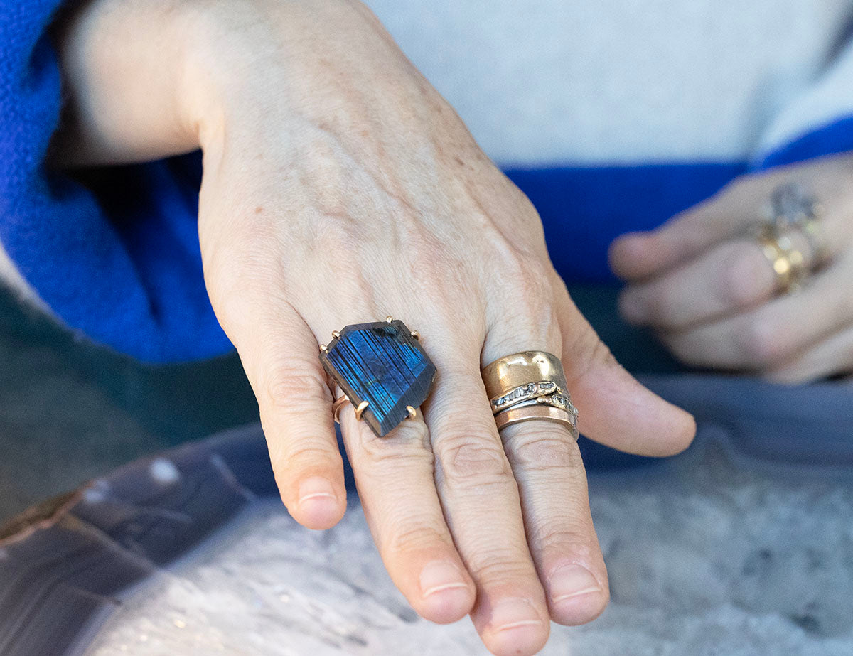 Spectrolite Large Stone Ring on a Double Rose Gold Band