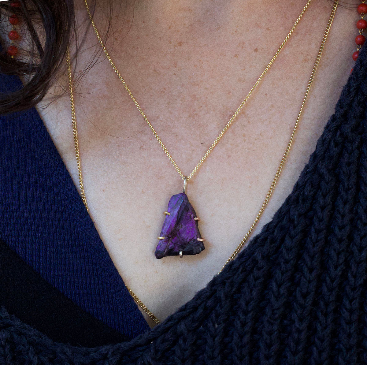 Sugilite Large Stone Pendant with a Yellow Gold Cable Chain