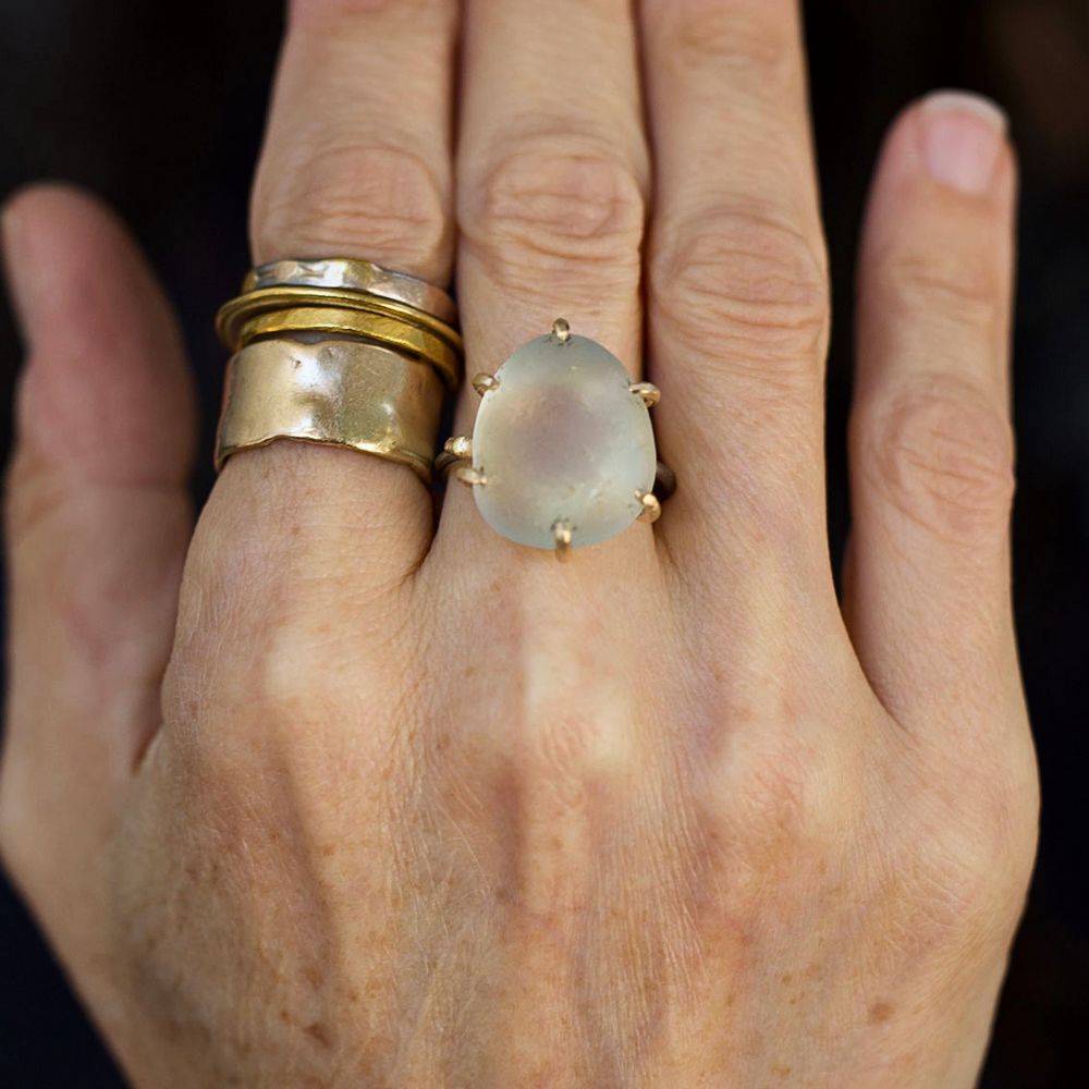 Blue Topaz Large Stone Ring on a Palladium and Gold Band