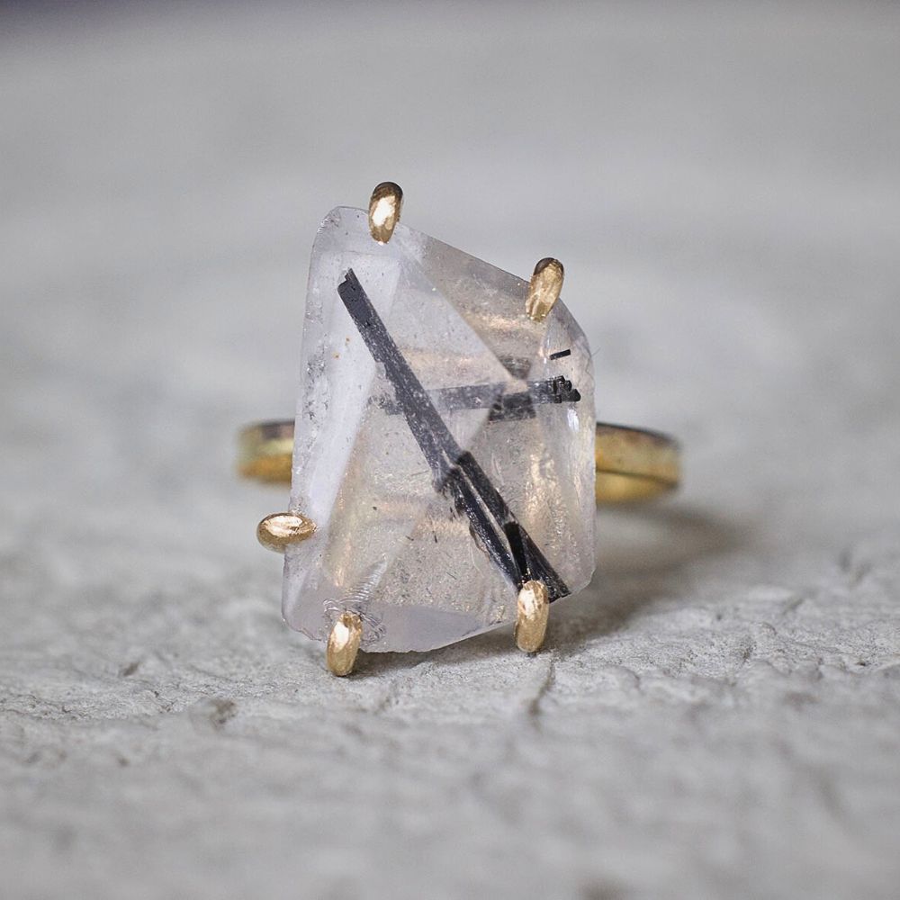Tourmalated Quartz Large Stone Ring on our 2MM Gold Skinny Seamed Band