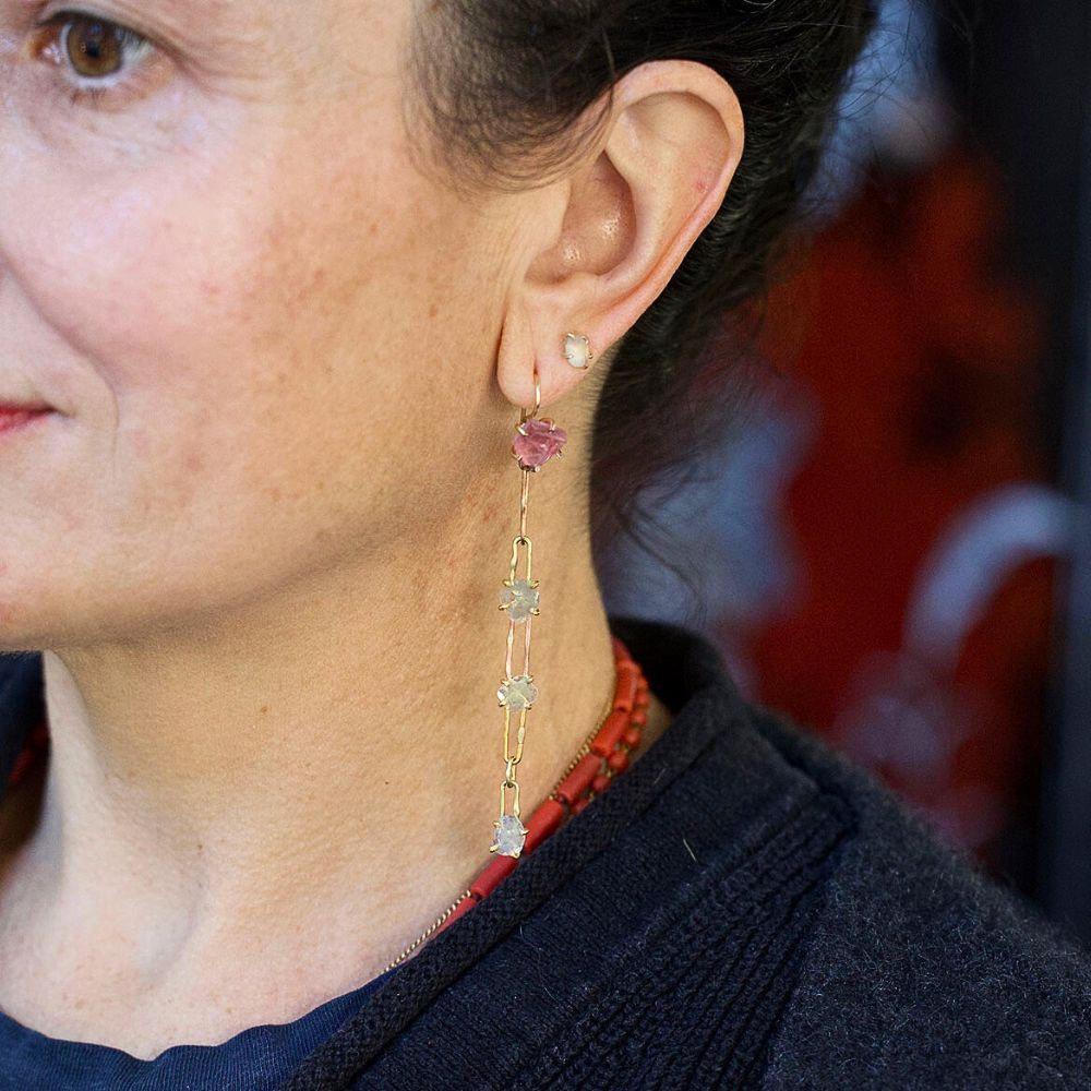 Pink Tourmaline and Polki Diamond Slice Day to Night Earring Set