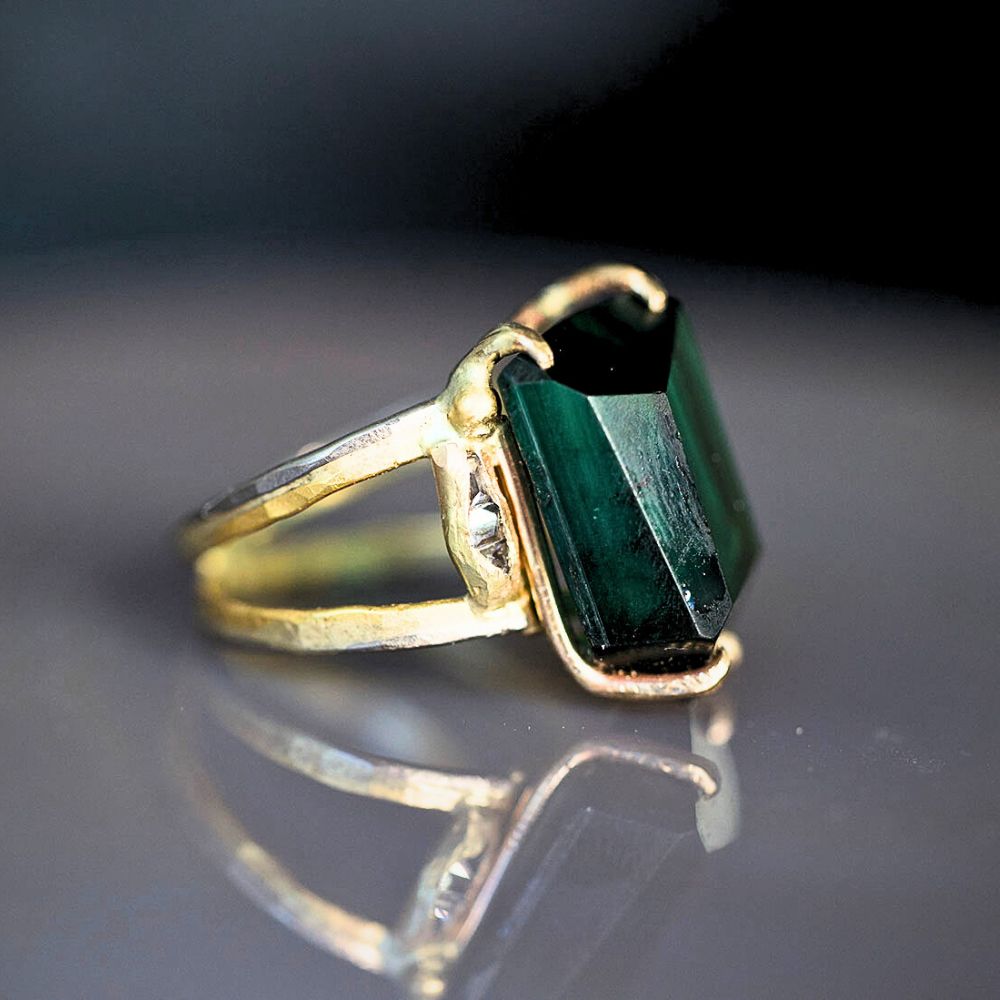 Blue Green Tourmaline with Baguette Diamonds Large Stone Ring on a Doubie 2MM Gold Skinny Seamed Band