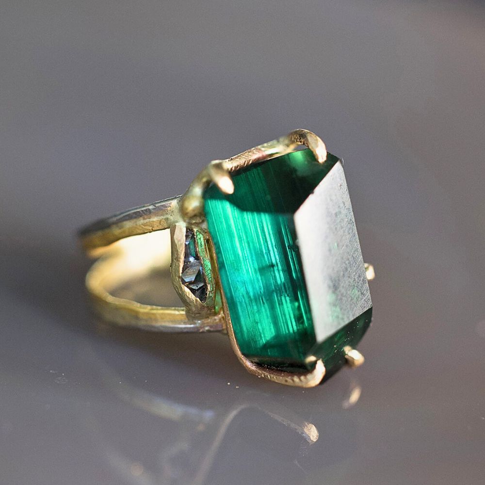 Blue Green Tourmaline with Baguette Diamonds Large Stone Ring on a Doubie 2MM Gold Skinny Seamed Band