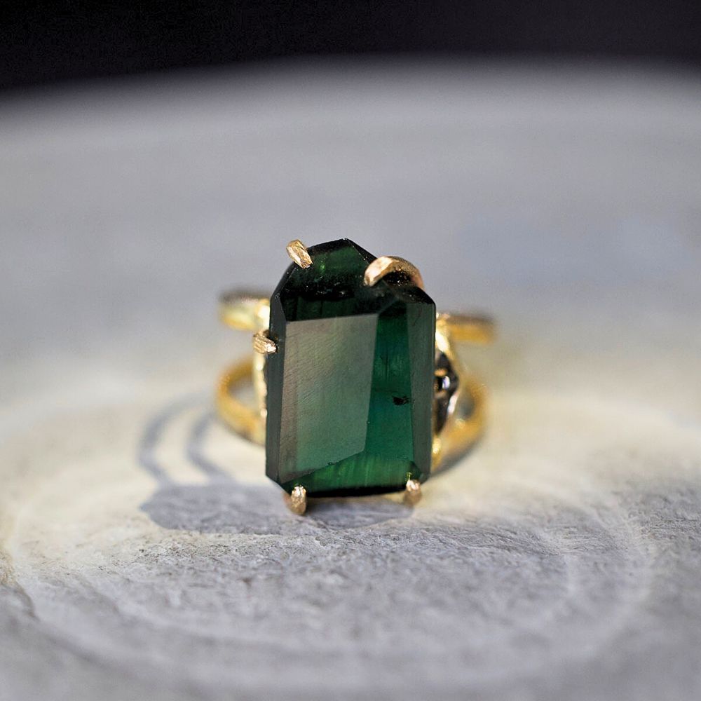 Blue Green Tourmaline with Baguette Diamonds Large Stone Ring on a Doubie 2MM Gold Skinny Seamed Band