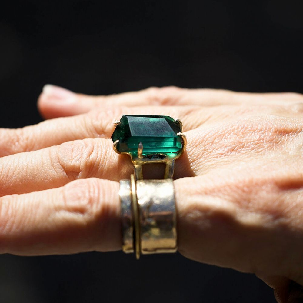 Blue Green Tourmaline with Baguette Diamonds Large Stone Ring on a Doubie 2MM Gold Skinny Seamed Band