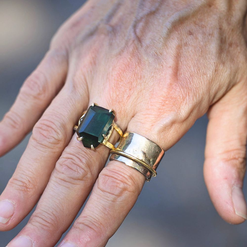 Blue Green Tourmaline with Baguette Diamonds Large Stone Ring on a Doubie 2MM Gold Skinny Seamed Band