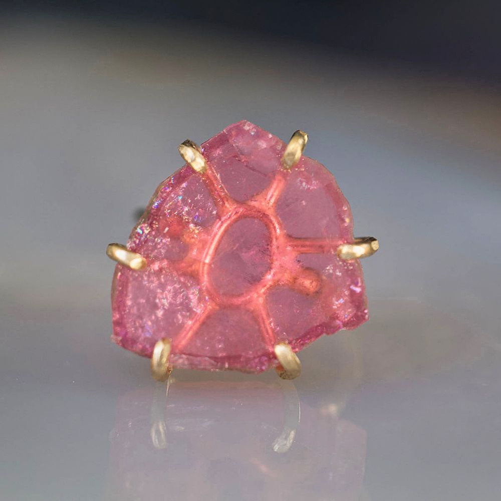 California Pink Tourmaline Large Stone Ring on a Palladium and Gold Band