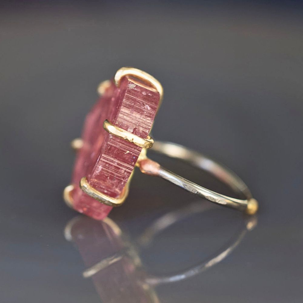 California Pink Tourmaline Large Stone Ring on a Palladium and Gold Band