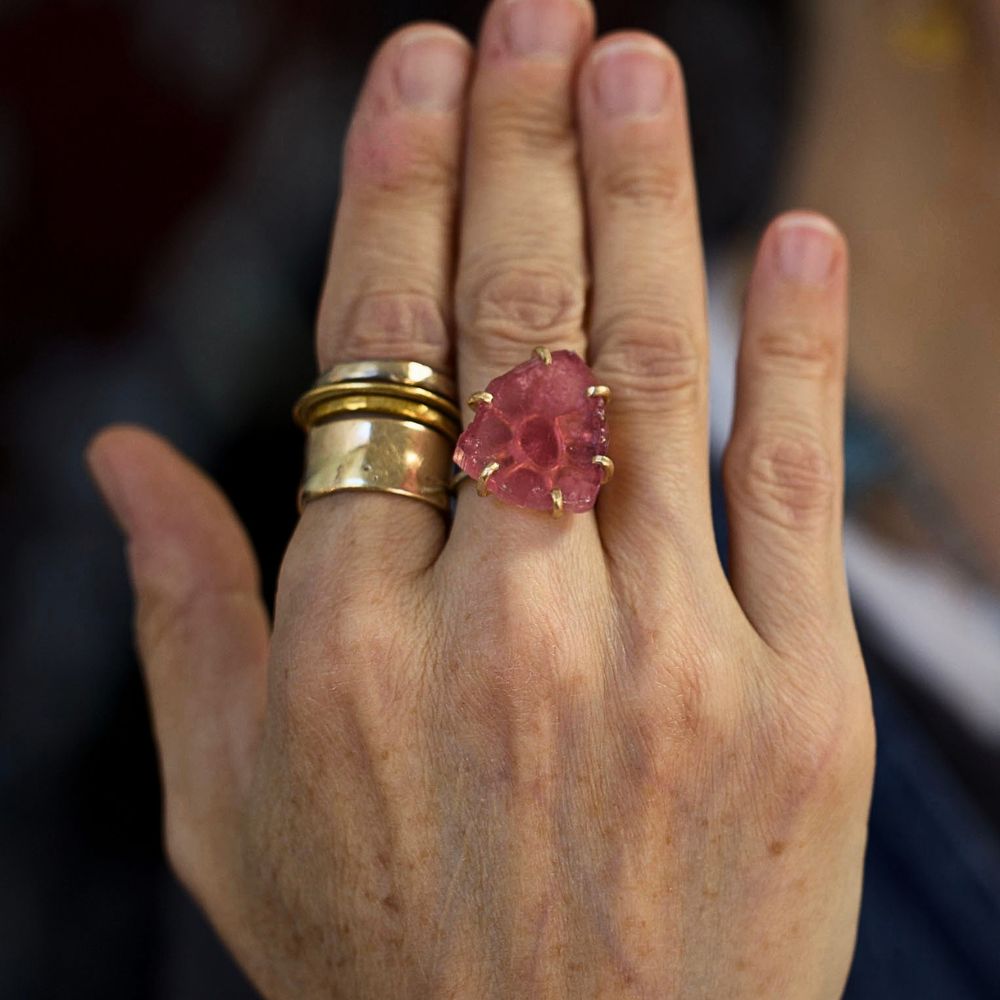 California Pink Tourmaline Large Stone Ring on a Palladium and Gold Band