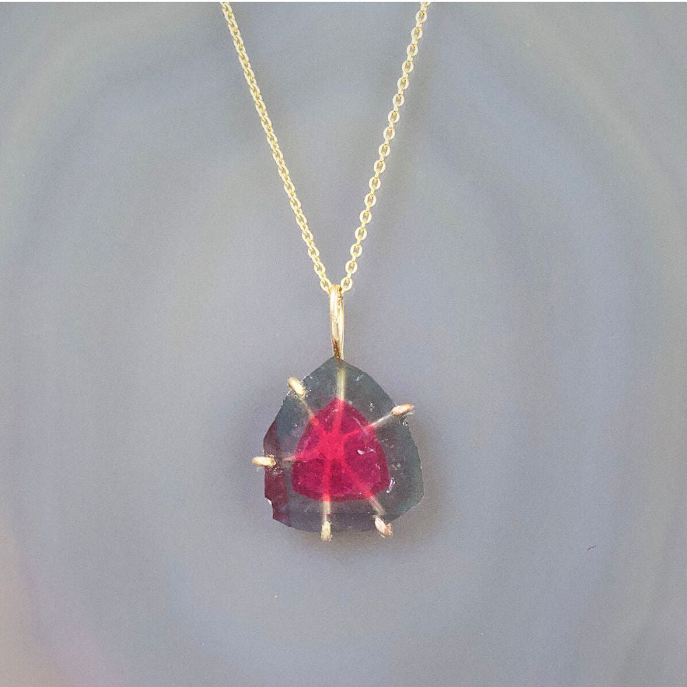 Watermelon Tourmaline Medium Stone Pendant with a Yellow Gold Cable Chain