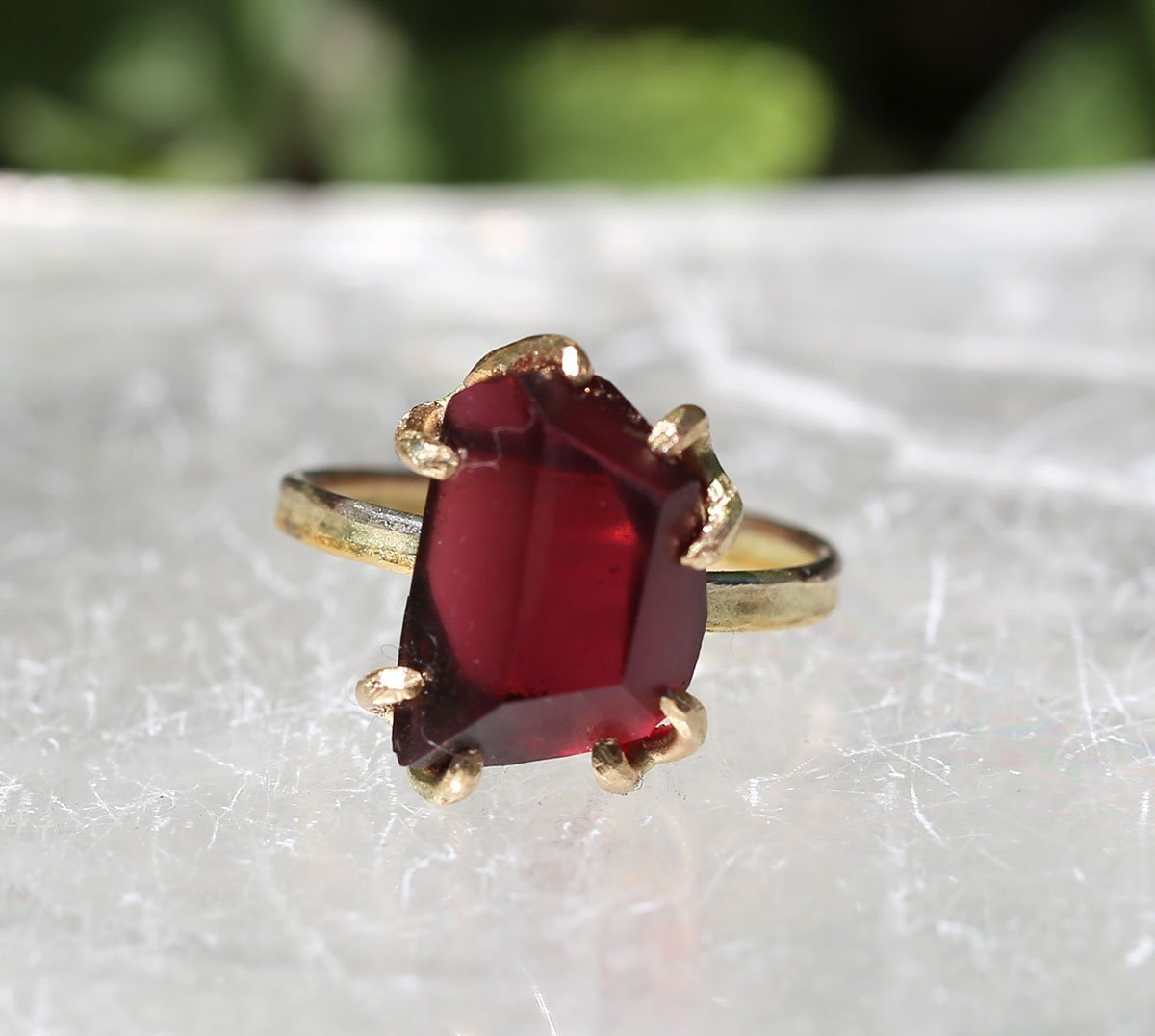 Malawi Garnet large ring with skinny seamed gold band