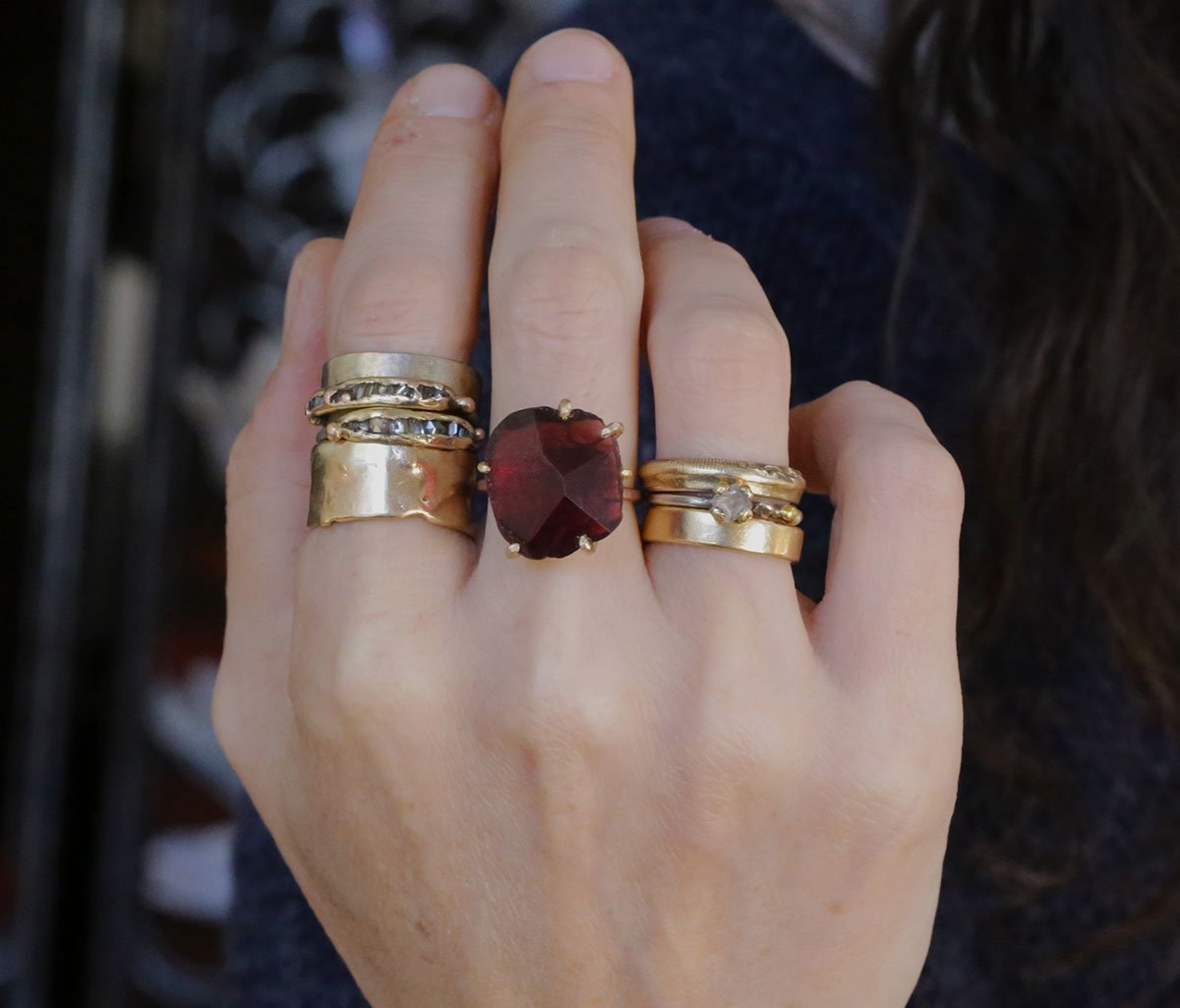 Malawi Garnet large ring on hand