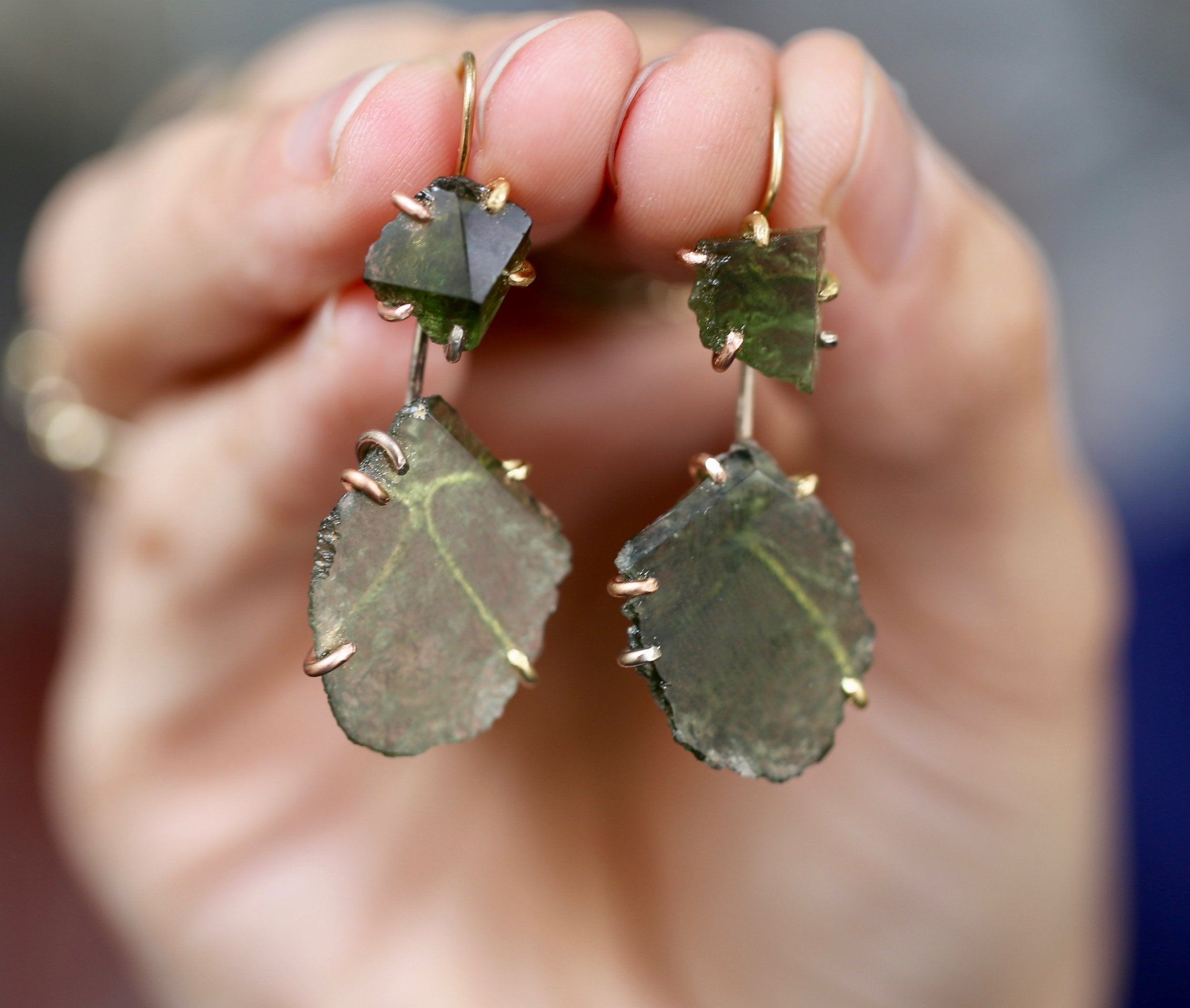 Moldavite day to night earrings