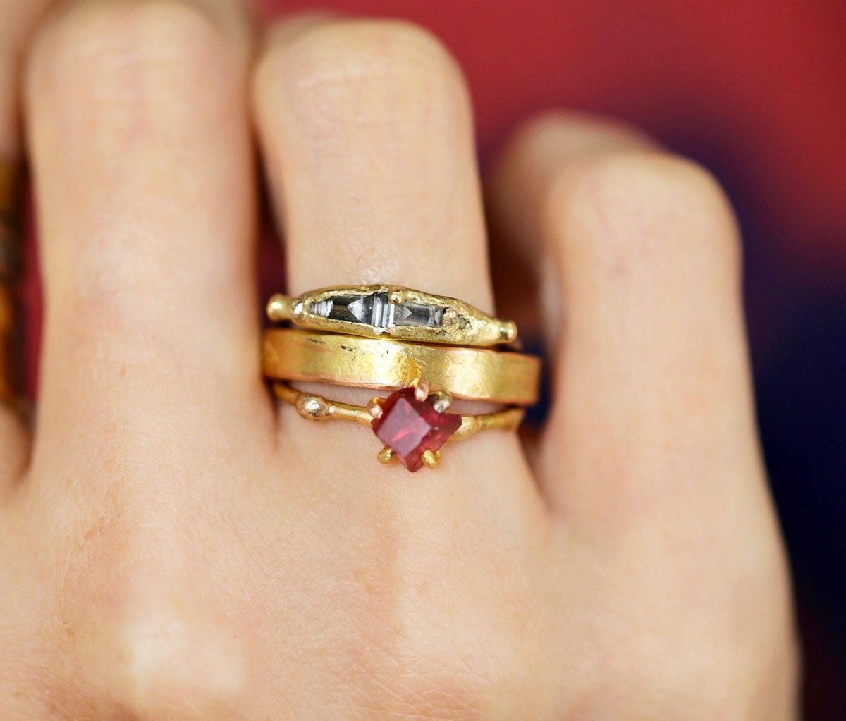 Ruby Ring And Diamond Baguette Ring On Hand