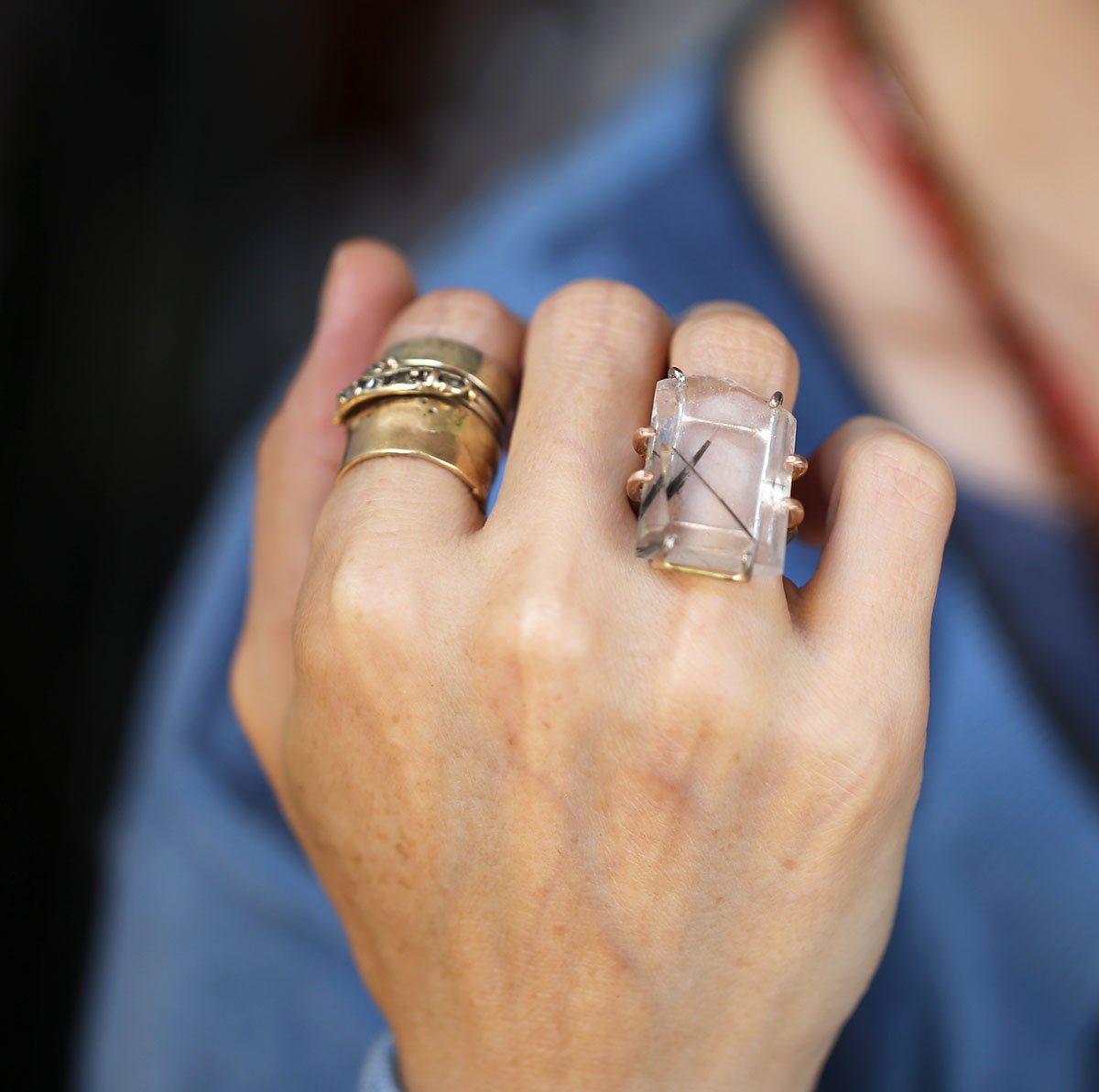 Tourmalated Quartz extra large ring on hand