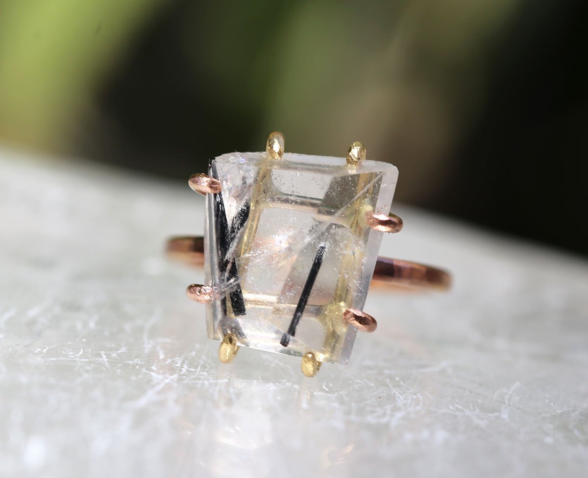 Tourmalated Quartz large ring on rose gold band