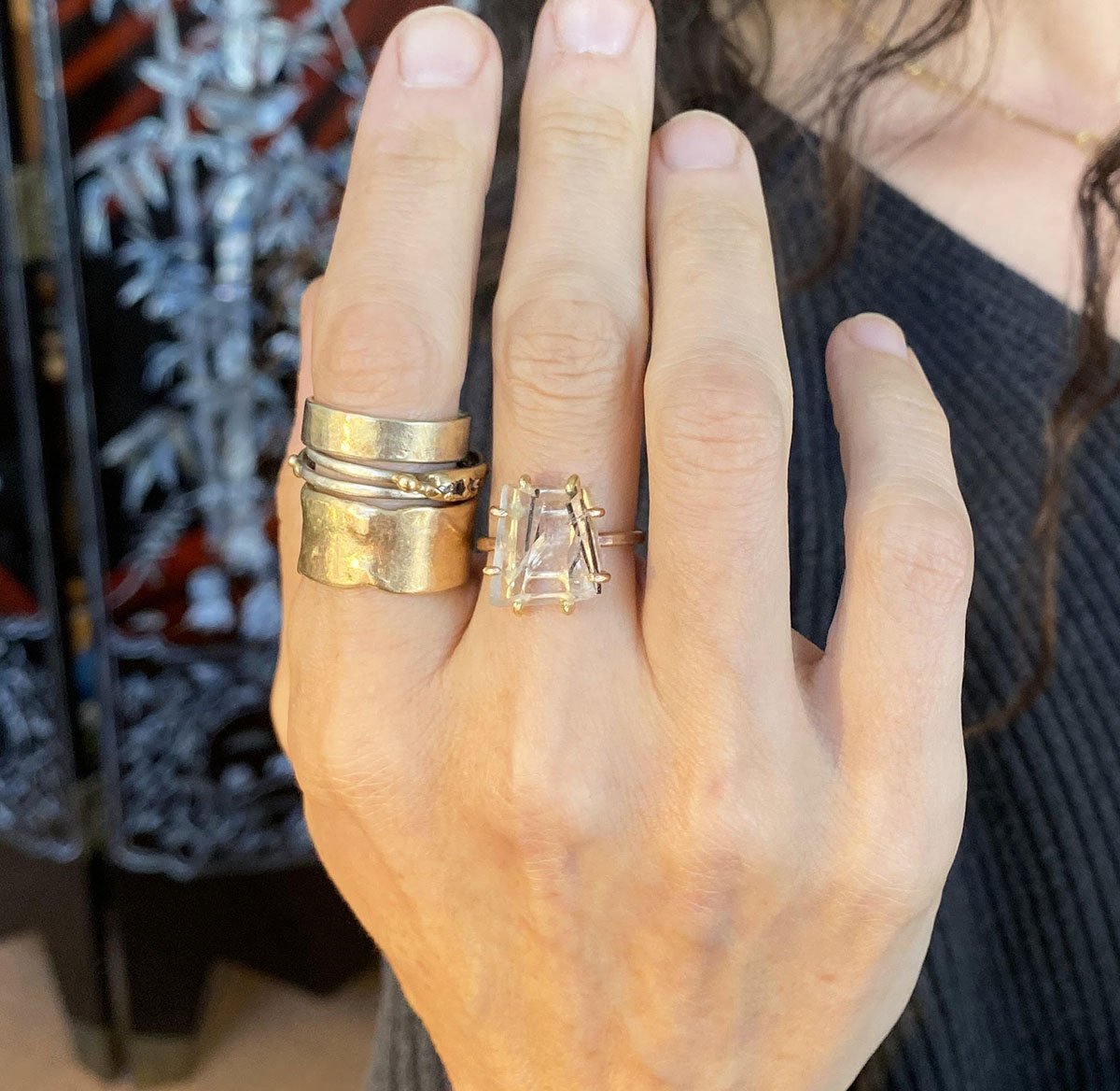 Tourmalated Quartz ring on hand