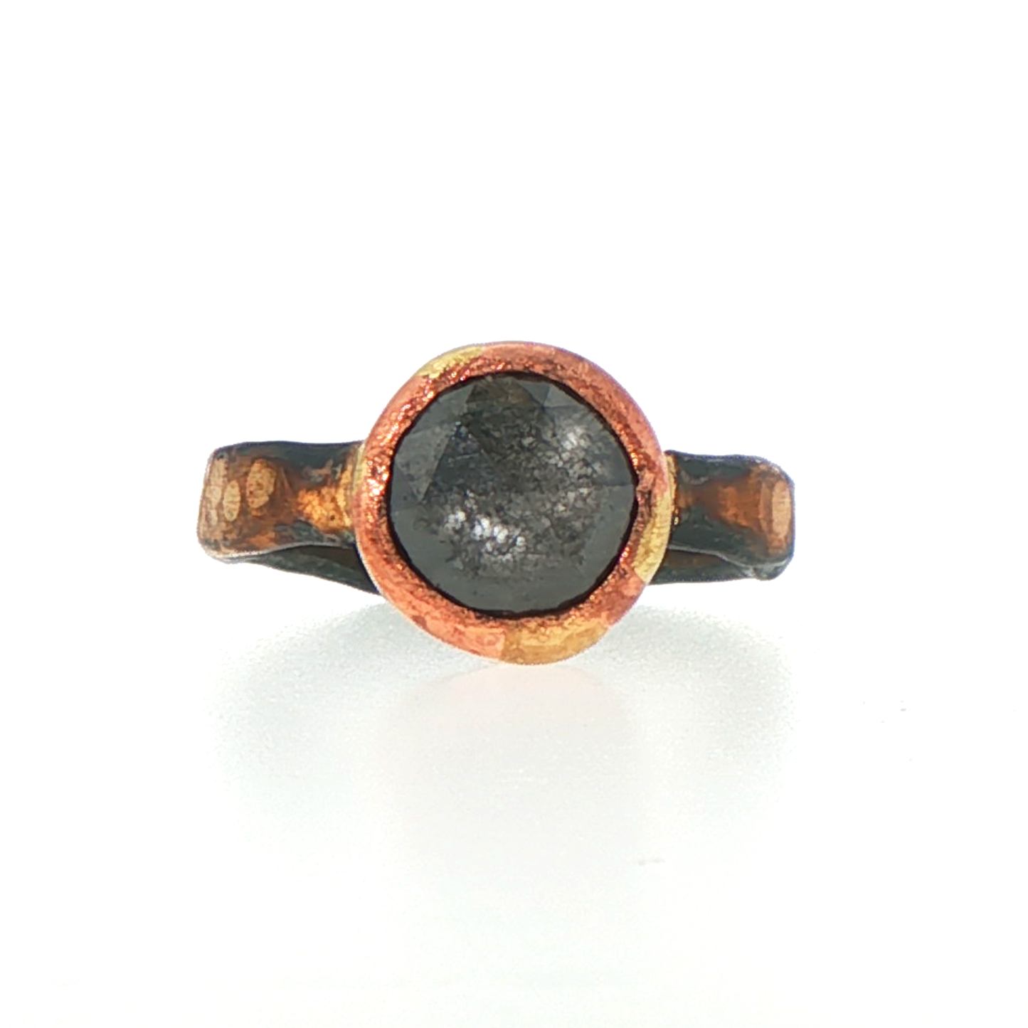 Natural  3.25CT Black Rose Cut Diamond on our Gold and Silver Skinny Seamed Band