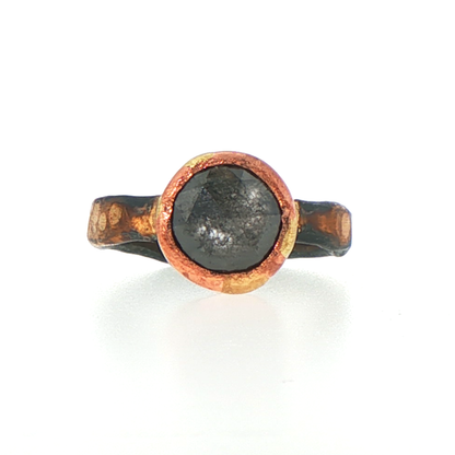 Natural  3.25CT Black Rose Cut Diamond on our Gold and Silver Skinny Seamed Band