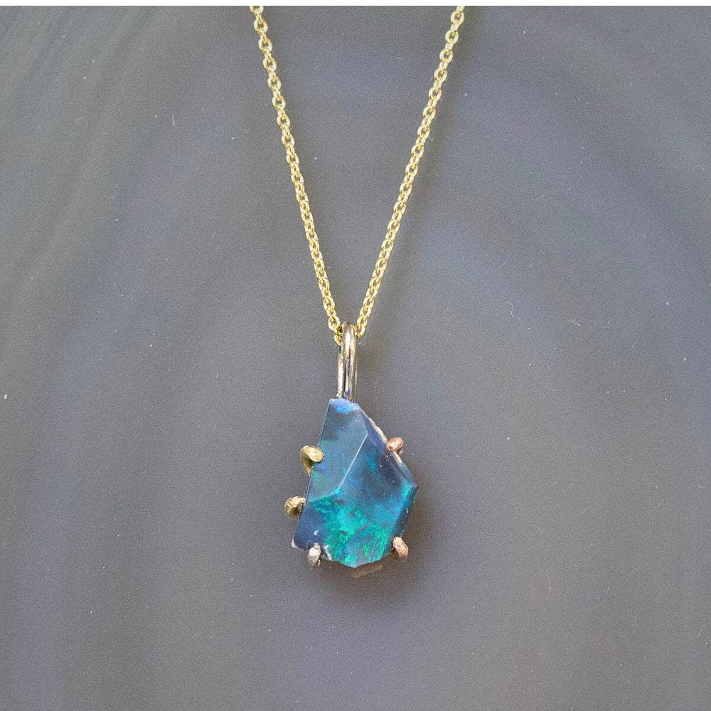 Australian Dark Opal Small Pendant with a Yellow Gold Cable Chain