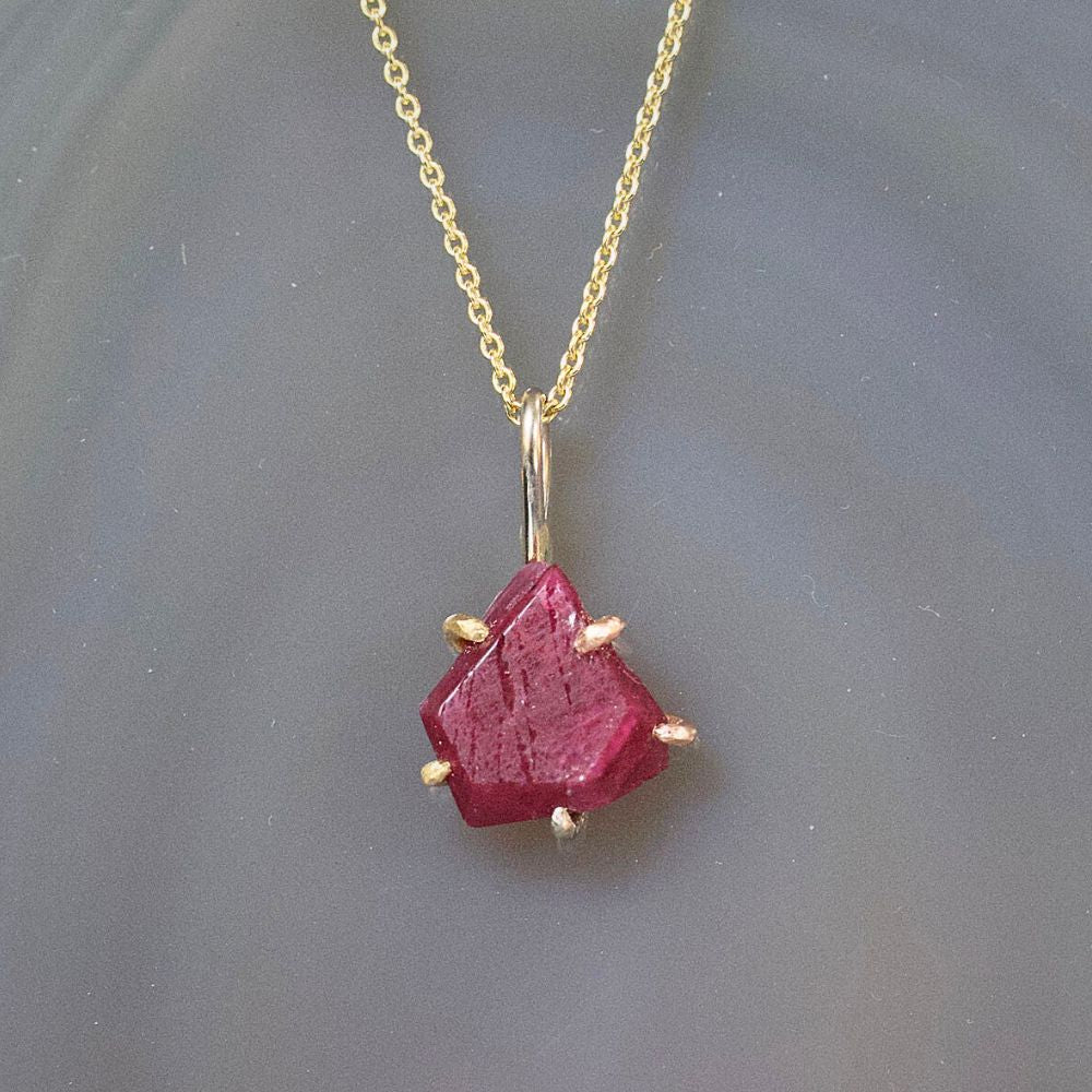 Unheated Tanzanian Ruby Small Pendant with a Yellow Gold Cable Chain