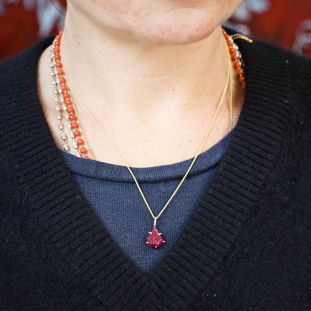 Unheated Tanzanian Ruby Small Pendant with a Yellow Gold Cable Chain