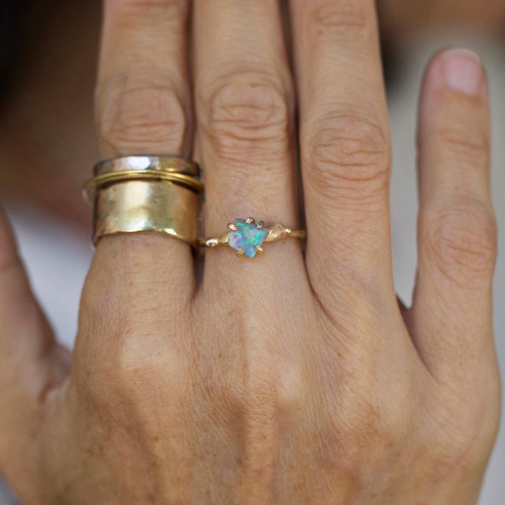 Australian Opal Small Stone Ring on a Yellow Gold Band