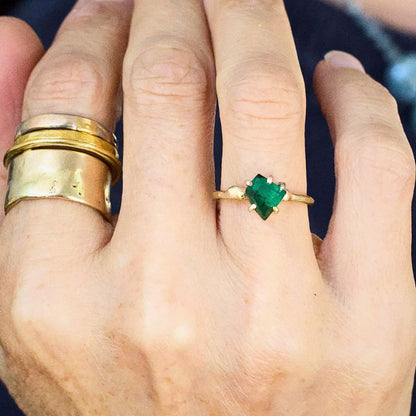 Brazilian Exceptional Emerald Small Stone Ring on a Yellow Gold Embedded Band