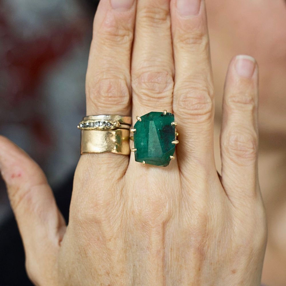 Brazilian Emerald Extra Large Stone Ring on a Yellow Gold Band