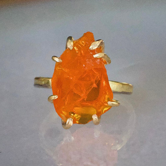 Mexican Fire Opal  Large Stone Ring on our 2MM Gold Skinny Seamed Band