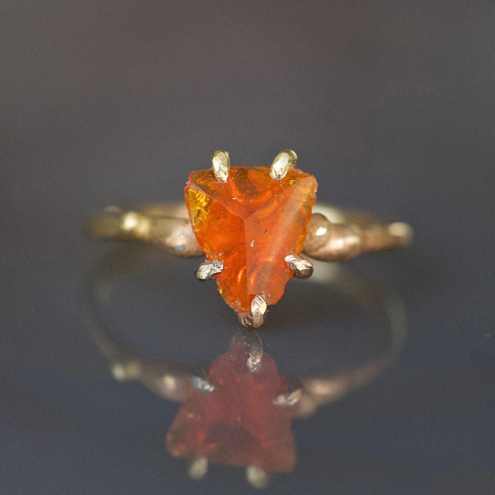 Mexican Fire Opal Small Stone Ring on a Yellow Gold Band