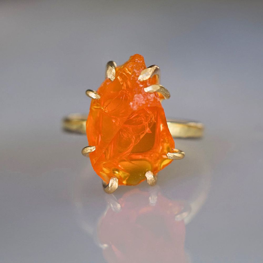 Mexican Fire Opal  Large Stone Ring on our 2MM Gold Skinny Seamed Band