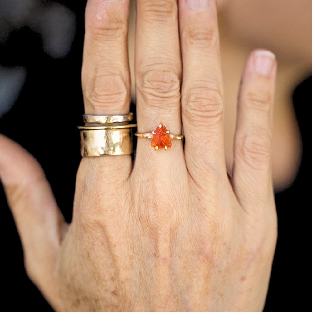 Mexican Fire Opal Small Stone Ring on a Yellow Gold Band