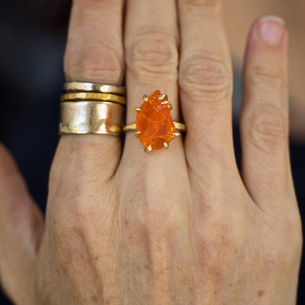 Mexican Fire Opal  Large Stone Ring on our 2MM Gold Skinny Seamed Band