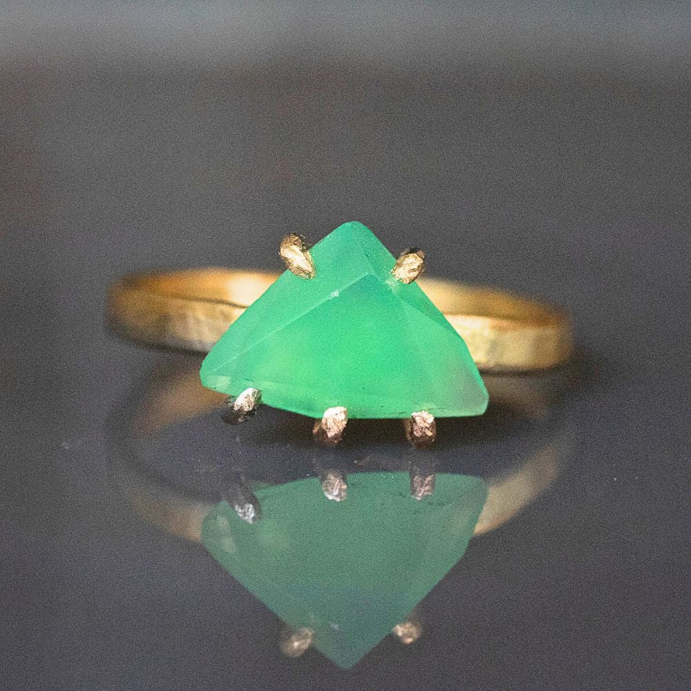 Chrysoprase Small Stone Ring on a 2MM Gold Skinny Seamed Band