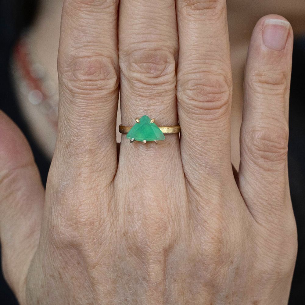 Chrysoprase Small Stone Ring on a 2MM Gold Skinny Seamed Band