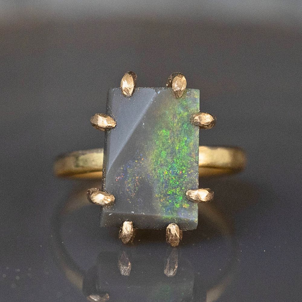 Australian Dark Opal Medium Stone Ring on a 2MM Gold Skinny Seamed Band