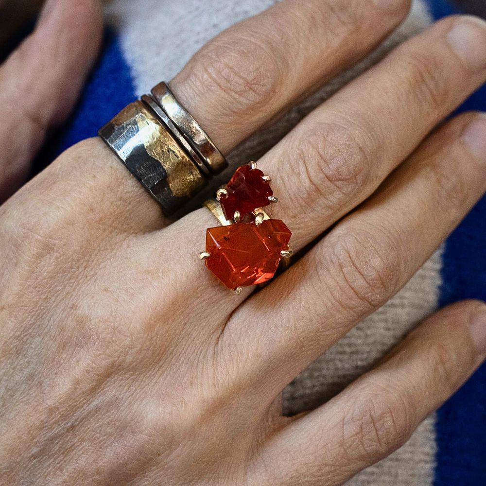 Mexican Fire Opal Medium Stone Ring on a 2MM Gold Skinny Seamed Band