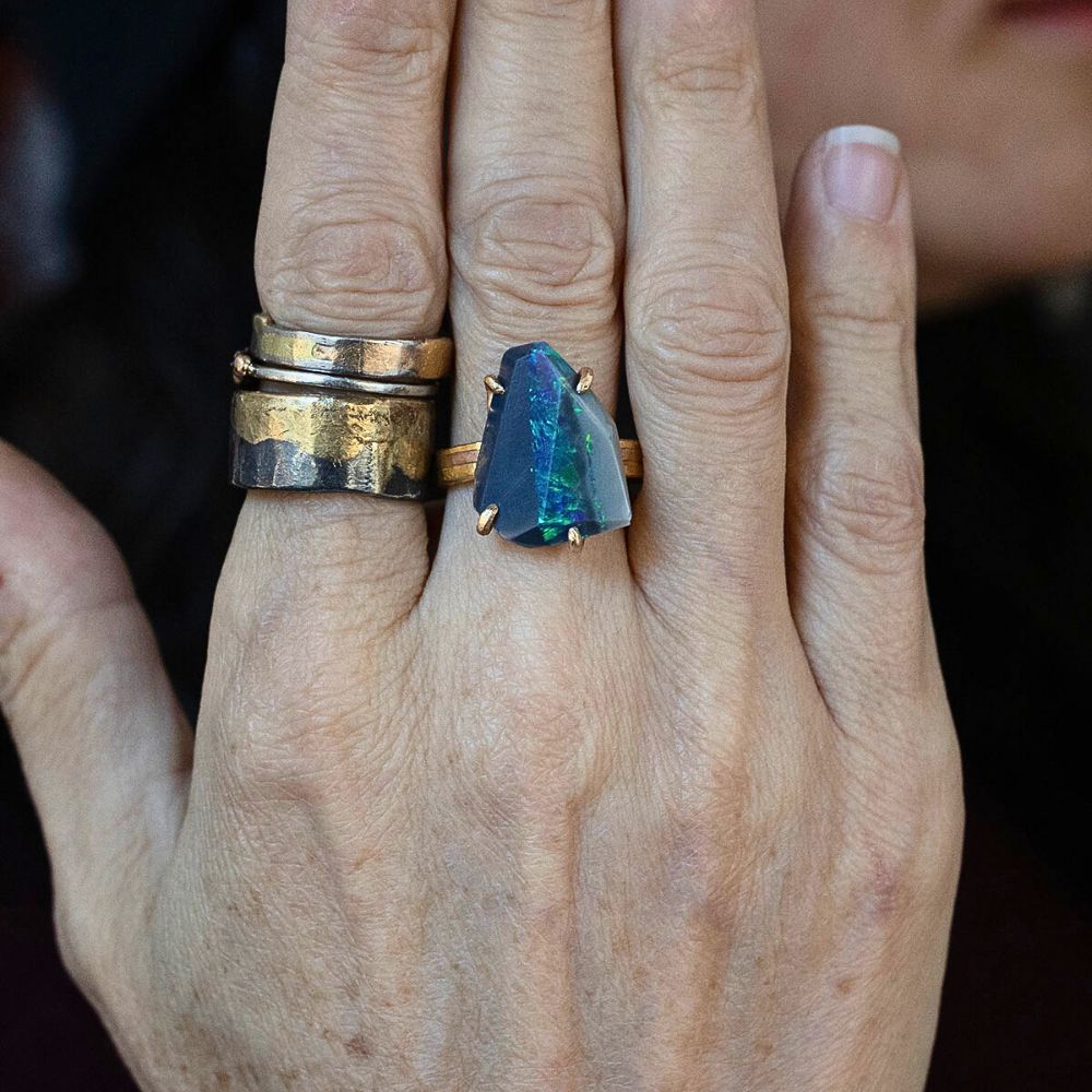 Australian Exceptional Opal Large Stone Ring on our High Karat Linear Band