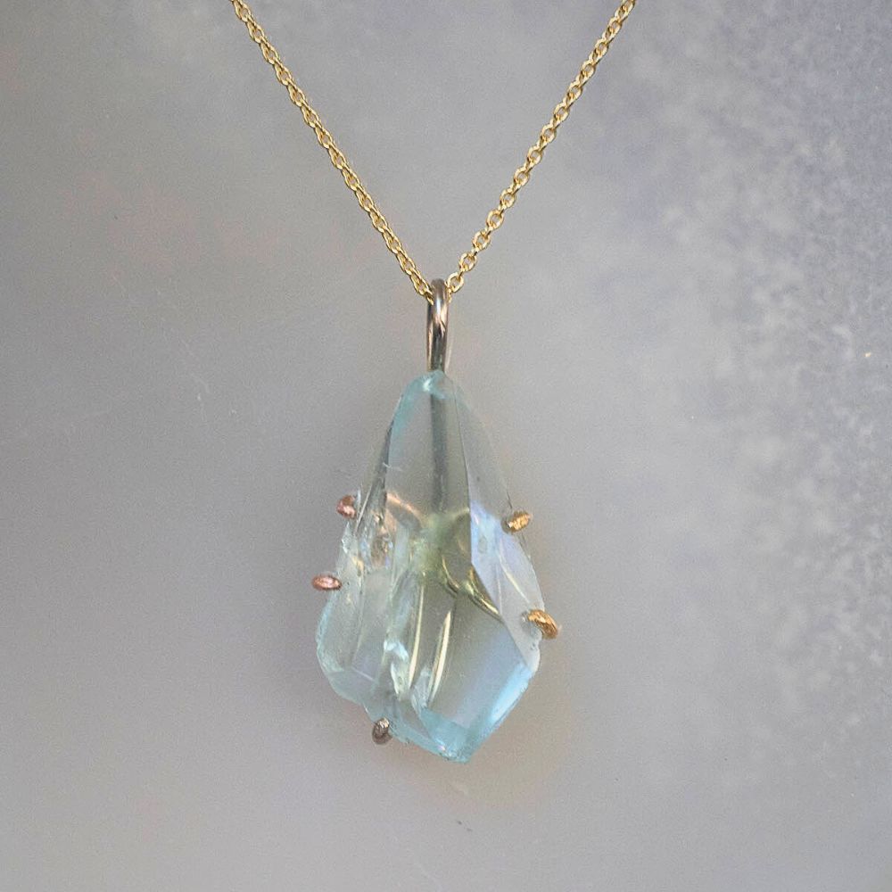 Aquamarine Large Stone Pendant with a Yellow Gold Cable Chain