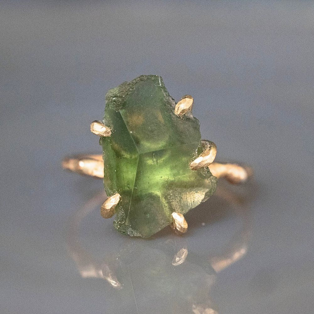 Moldavite Medium Stone Ring on a Yellow Gold Band